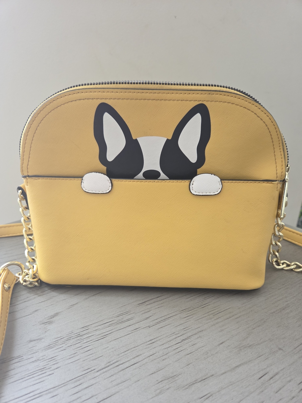 Betsey Johnson Yellow Peeking French Bulldog Purse Floral Lined